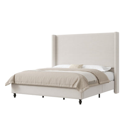 Cordelle Corduroy Wingback Bed Frame-King-Cream