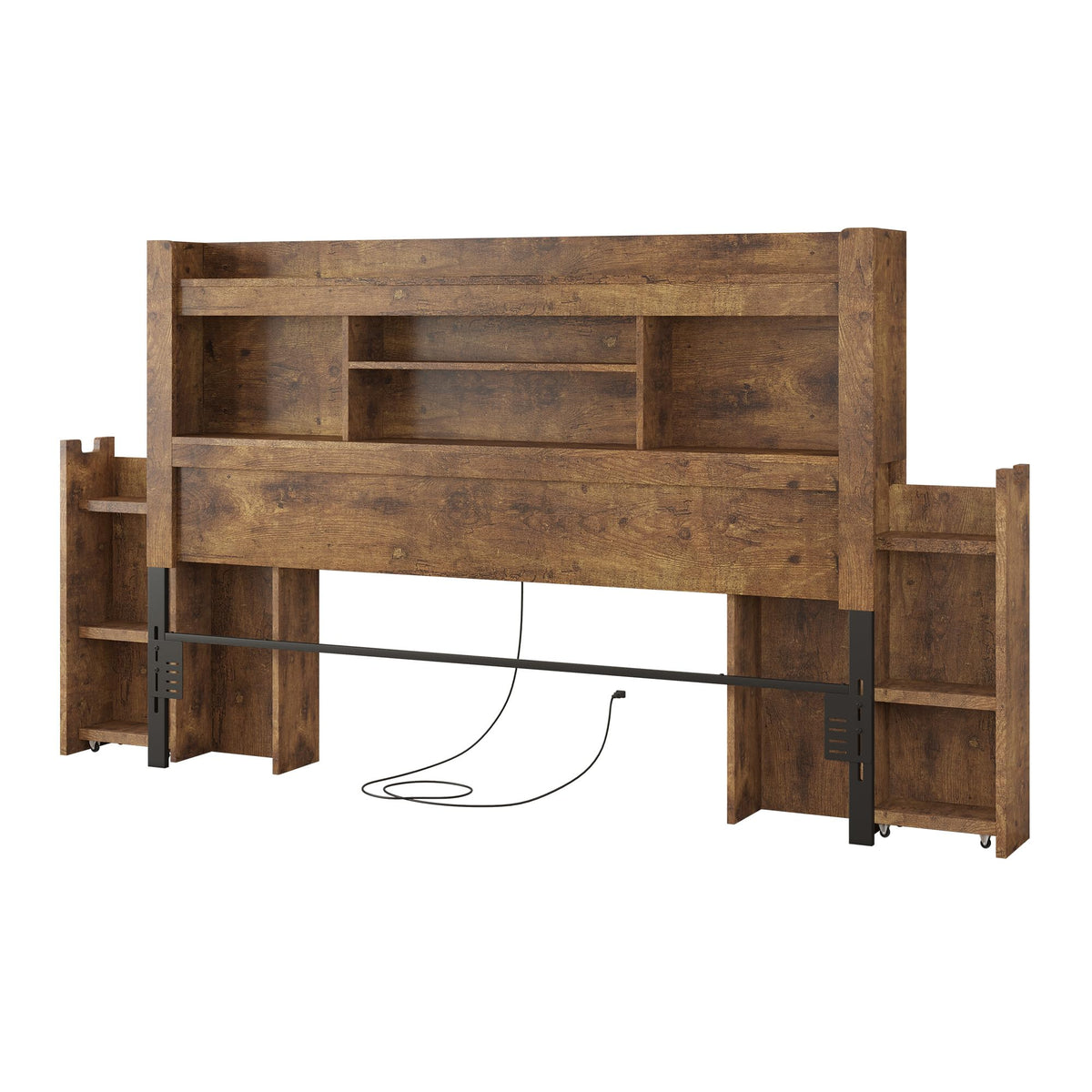 Farmhouse King Headboard with Storage & LED Lighting-Rustic Brown-Queen