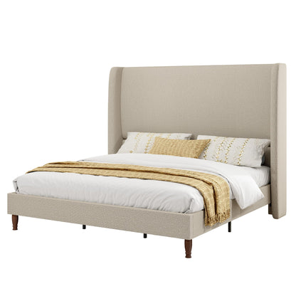 Tall Upholstered Bed Frame with Wingback Headboard-Full-Khaki