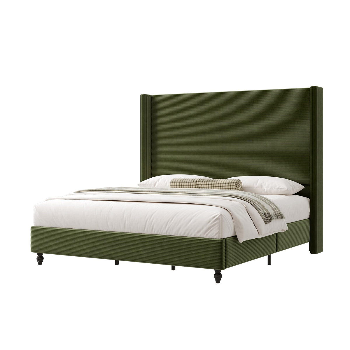 Cordelle Corduroy Wingback Bed Frame-King-Green