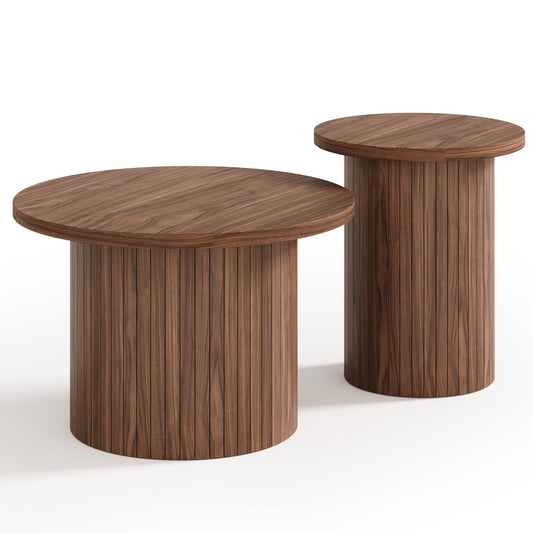 Briar Round Nesting Coffee Table Set with Full Fluted Design-Walnut