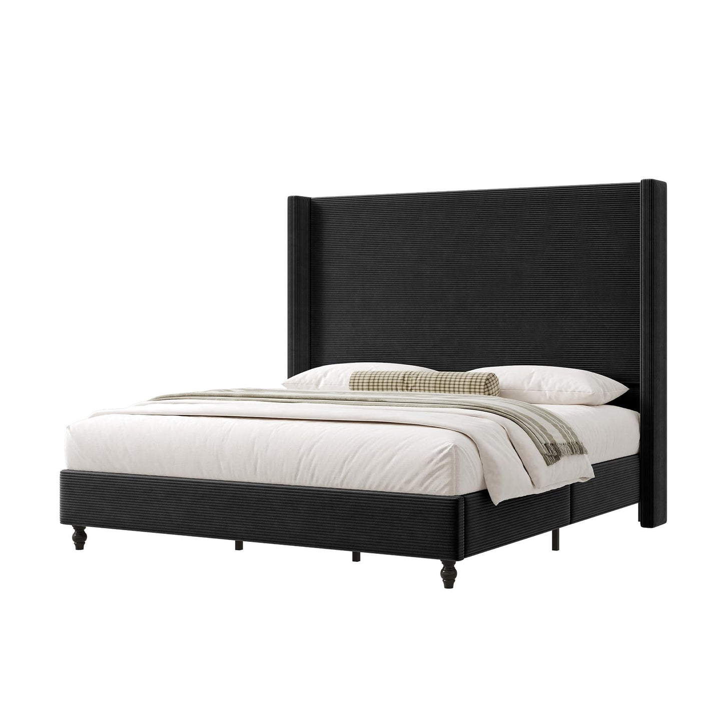 Cordelle Corduroy Wingback Bed Frame-King-Black