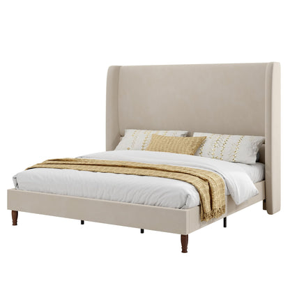Tall Upholstered Bed Frame with Wingback Headboard-King-Off-white