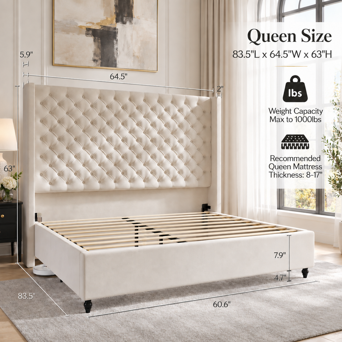 Cush Upholstered Bed Frame with Tall Wingback Headboard-Queen-Cream