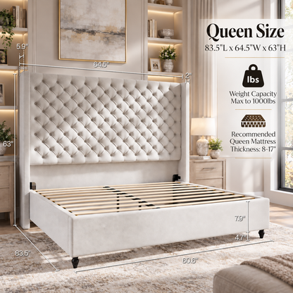Cush Upholstered Bed Frame with Tall Wingback Headboard-Queen-Ash White