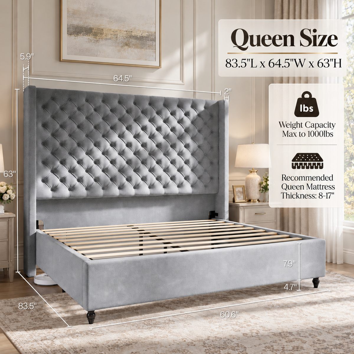 Cush Upholstered Bed Frame with Tall Wingback Headboard-Queen-Grey