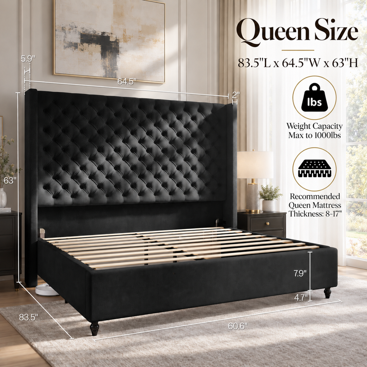 Cush Upholstered Bed Frame with Tall Wingback Headboard-Queen-Black