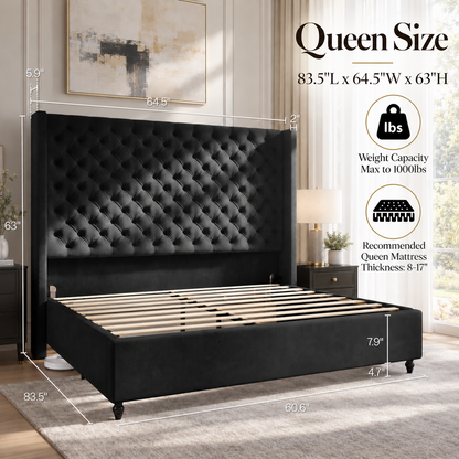 Cush Upholstered Bed Frame with Tall Wingback Headboard-Queen-Black