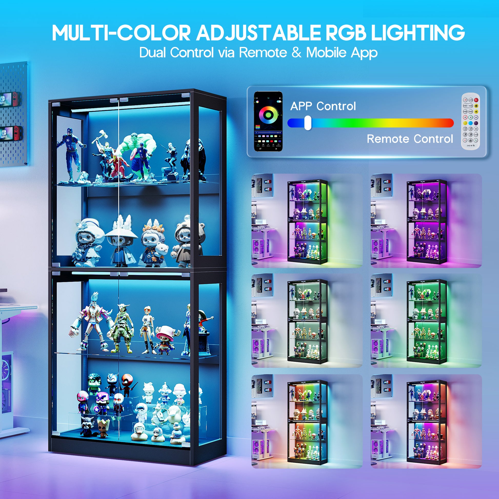RGB Display Cabinet with Adjustable Glass Shelves Amerlife Black / 32x16x70in