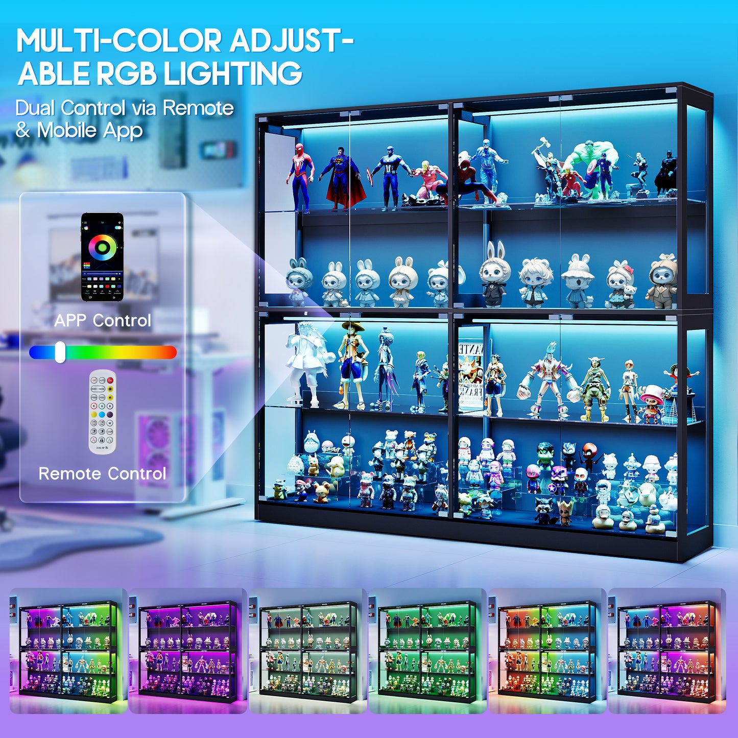 RGB Display Cabinet with Adjustable Glass Shelves Amerlife Black / 75x16x70in