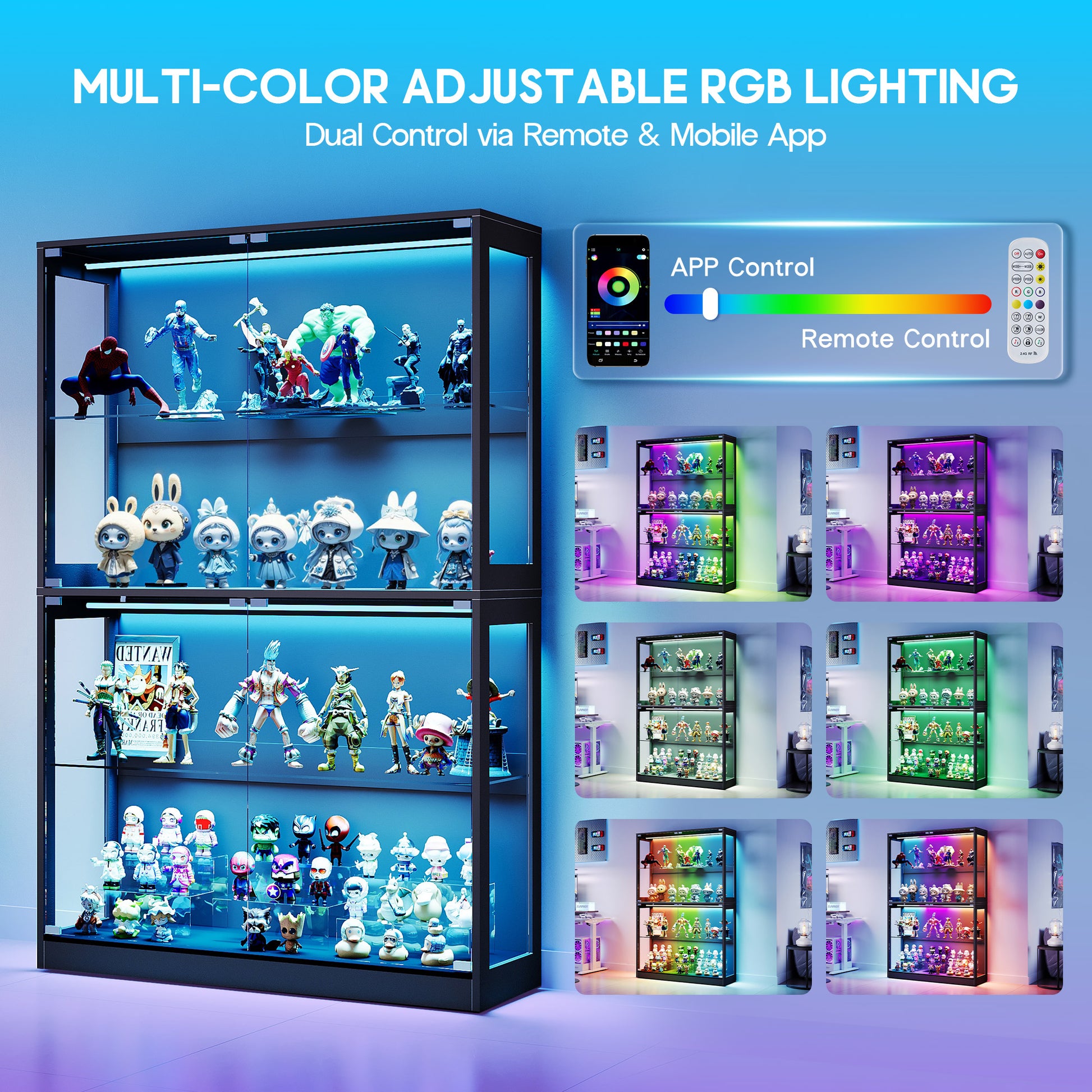 RGB Display Cabinet with Adjustable Glass Shelves Amerlife Black / 45x16x70in