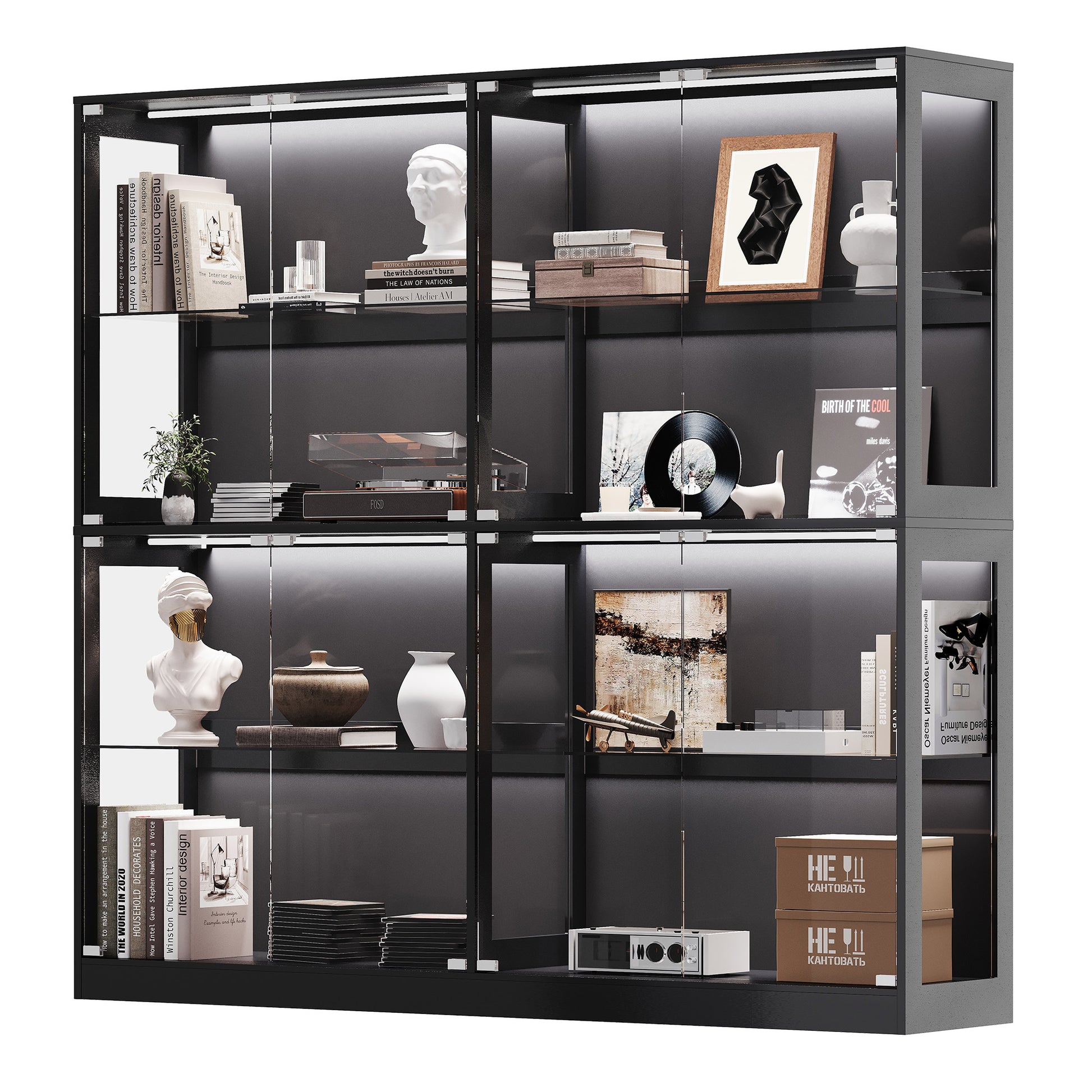 RGB Display Cabinet with Adjustable Glass Shelves Amerlife Black / 75x16x70in