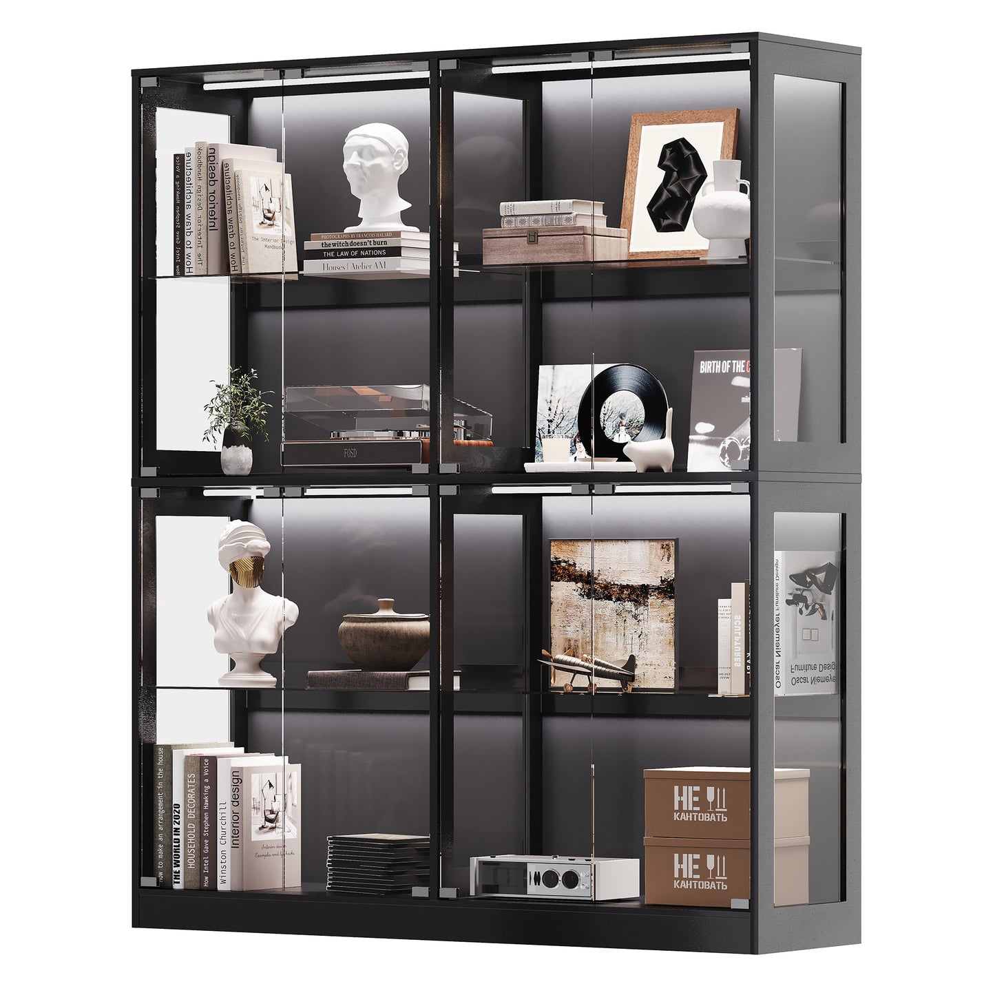 RGB Display Cabinet with Adjustable Glass Shelves Amerlife Black / 60x16x70in