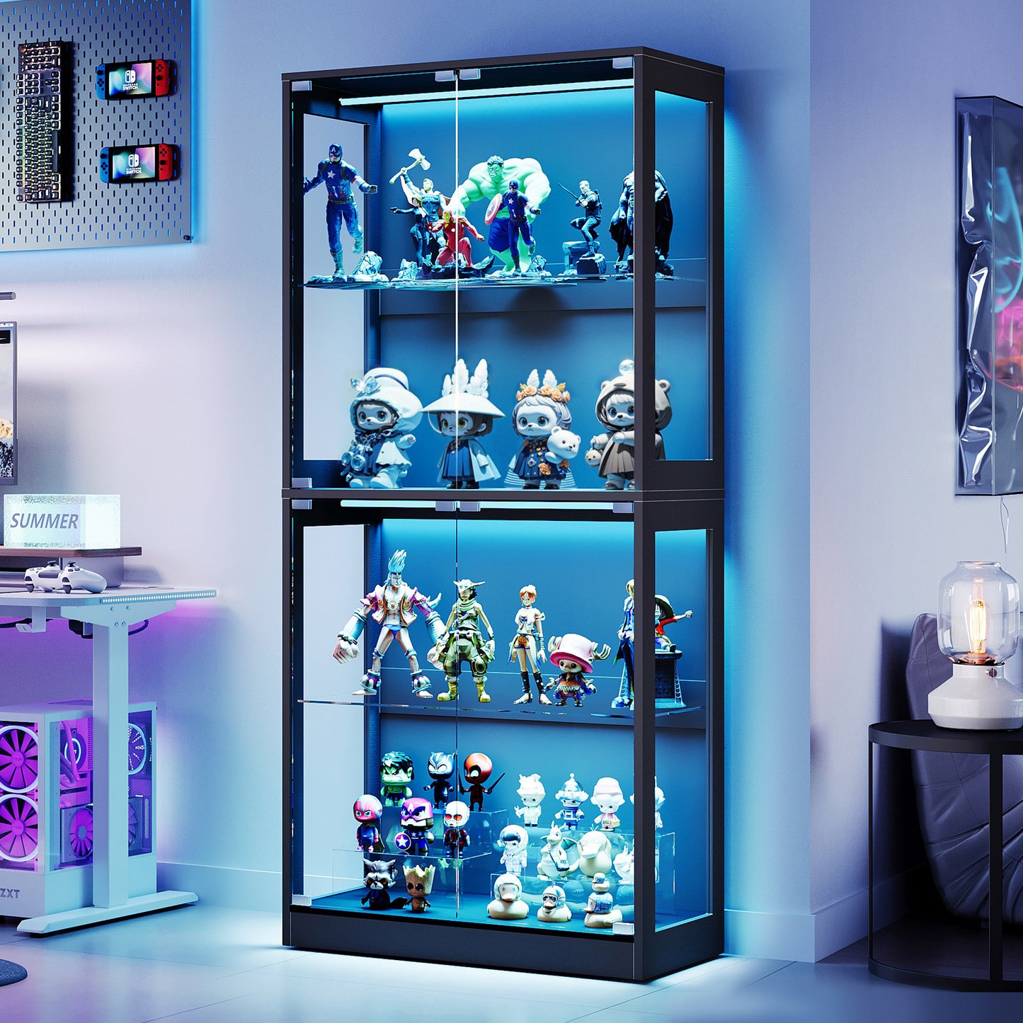RGB Display Cabinet with Adjustable Glass Shelves Amerlife Black / 32x16x70in