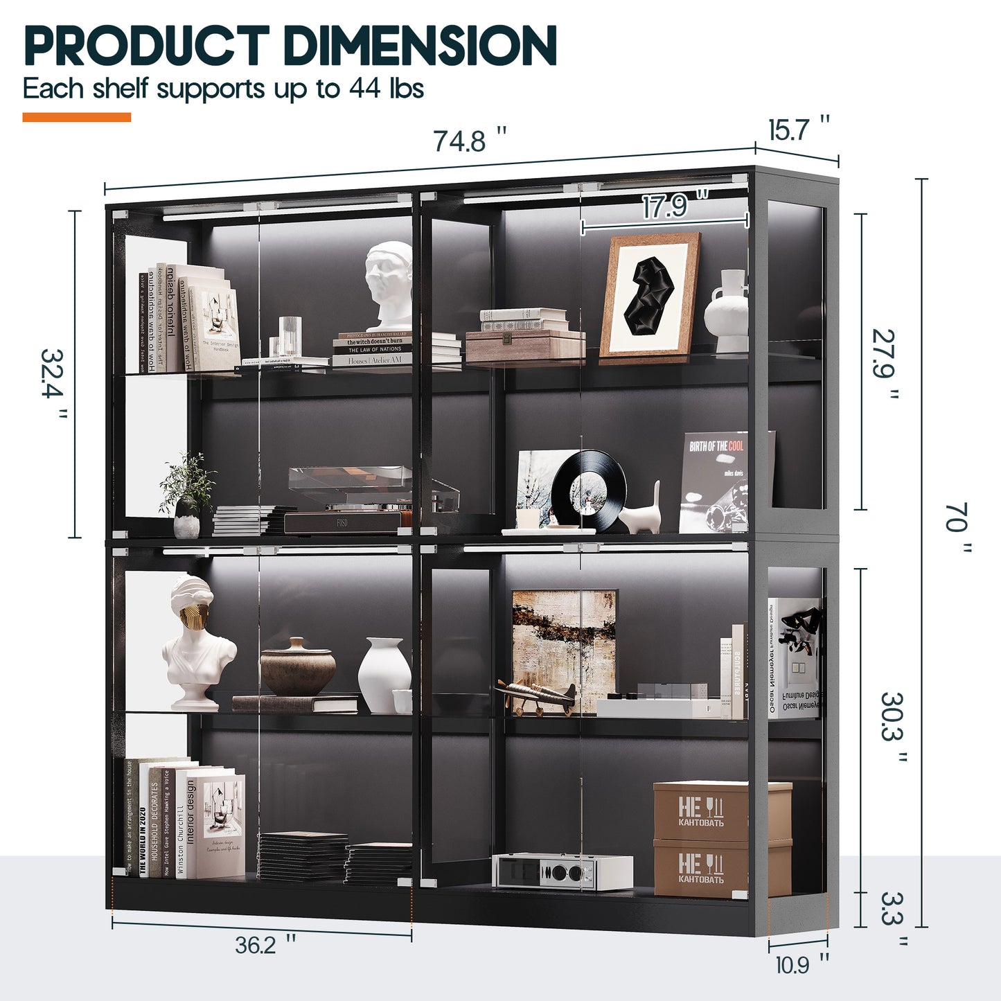 RGB Display Cabinet with Adjustable Glass Shelves Amerlife Black / 75x16x70in