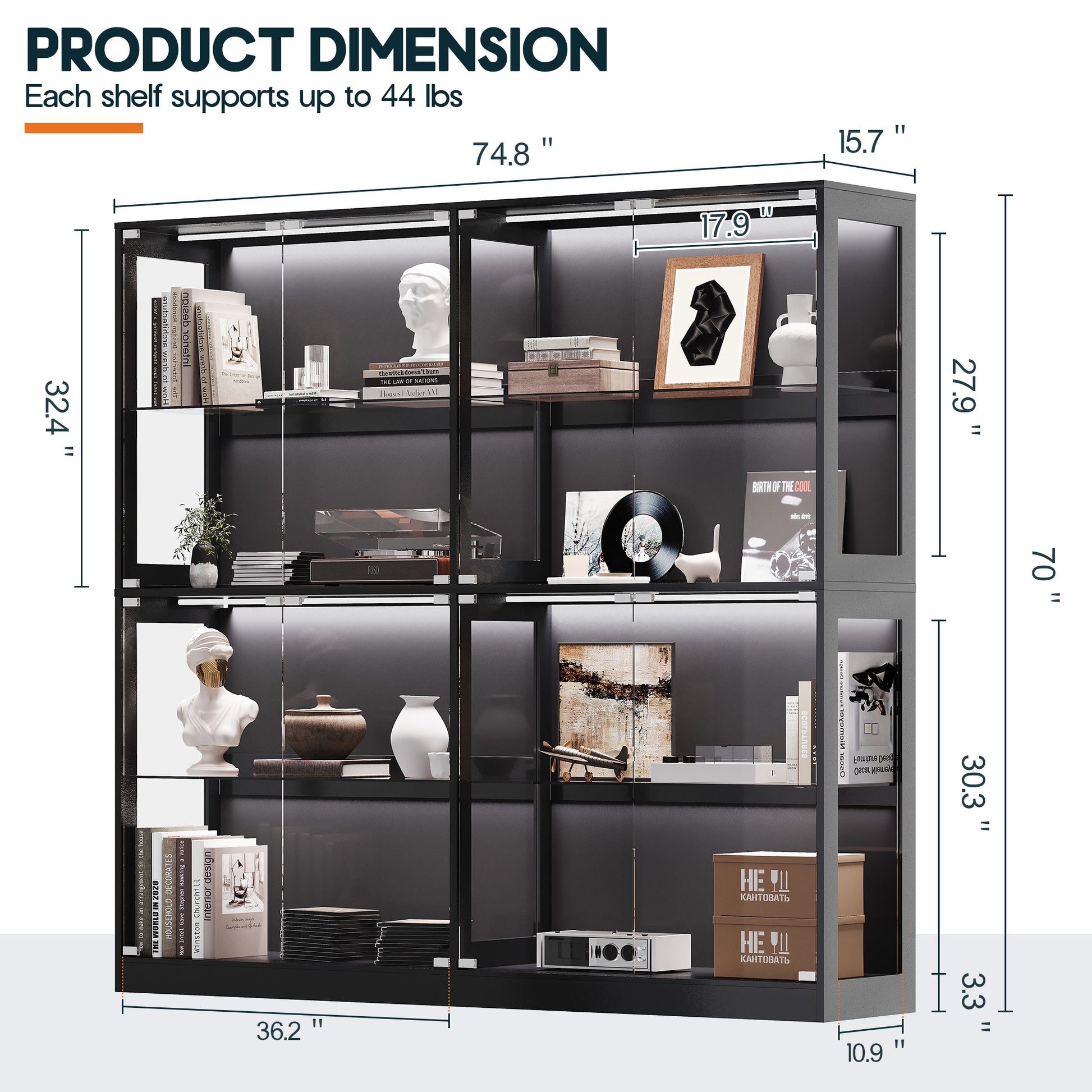 RGB Display Cabinet with Adjustable Glass Shelves Amerlife Black / 75x16x70in
