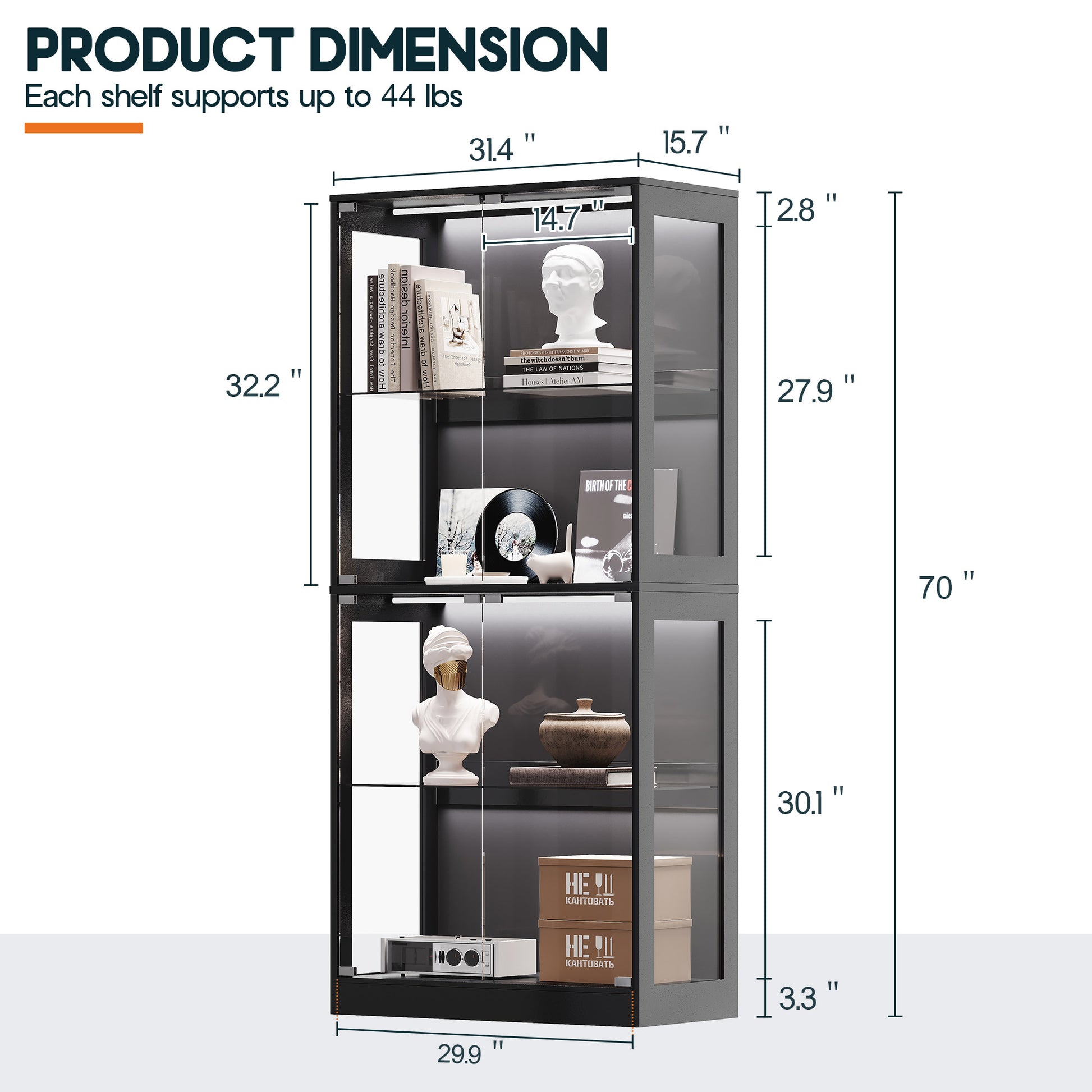 RGB Display Cabinet with Adjustable Glass Shelves Amerlife Black / 32x16x70in