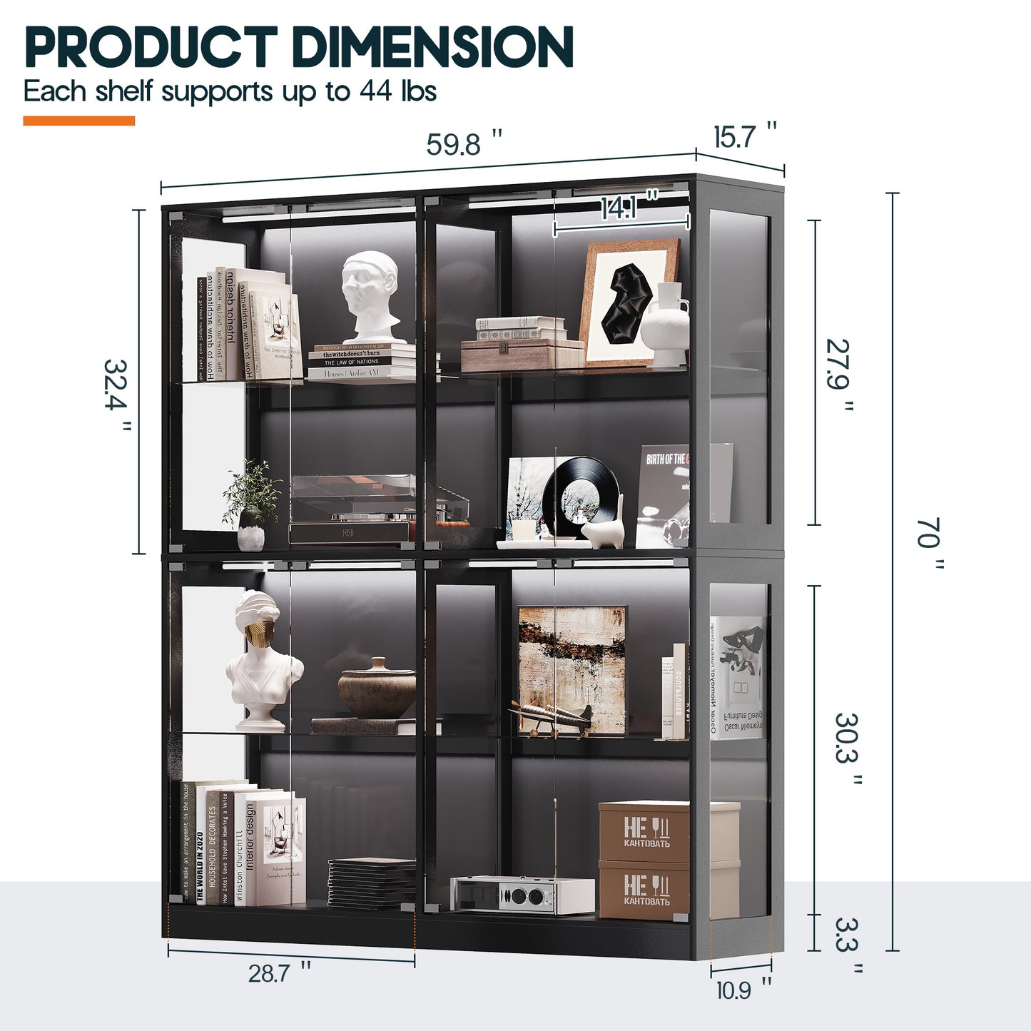 RGB Display Cabinet with Adjustable Glass Shelves Amerlife Black / 60x16x70in