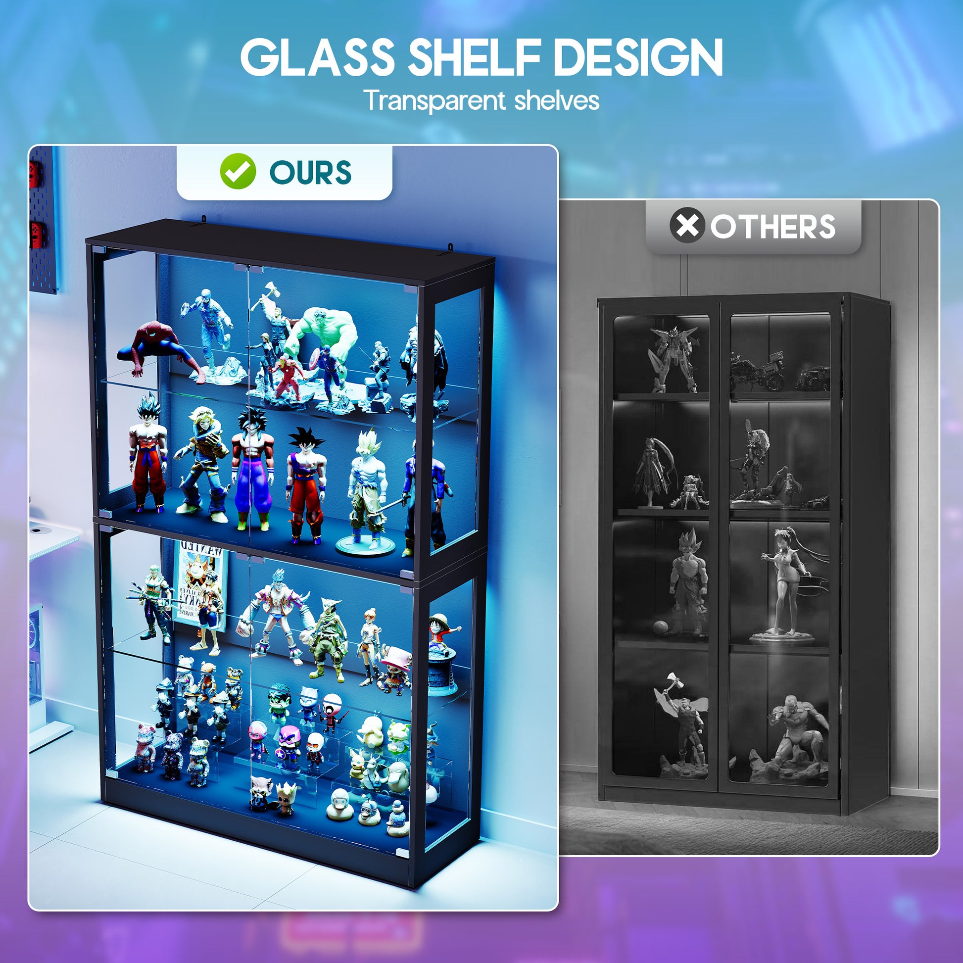 RGB Display Cabinet with Adjustable Glass Shelves Amerlife Black / 45x16x70in