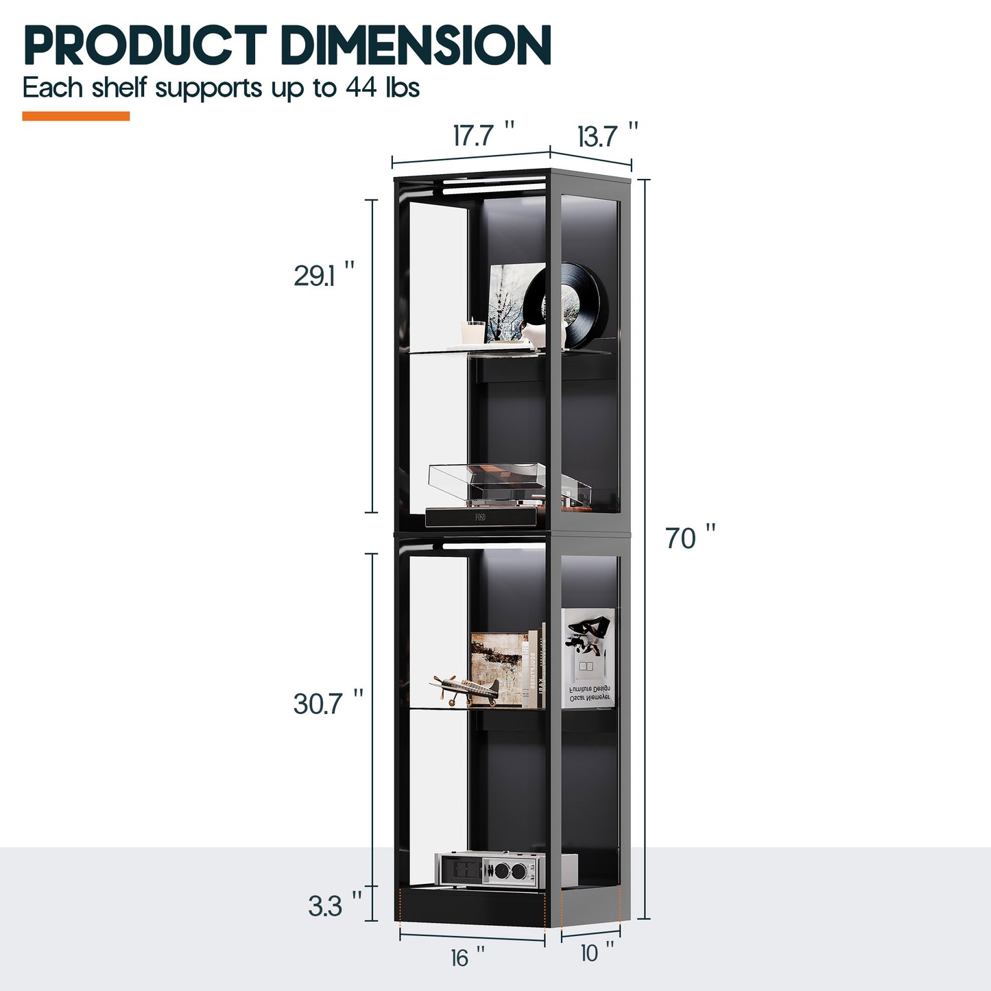 RGB Display Cabinet with Adjustable Glass Shelves Amerlife Black / 18x14x70in